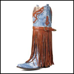 Western Bootie Pointed Toe Chunky Heel Embroidered Fringe Pull-On Mid Calf